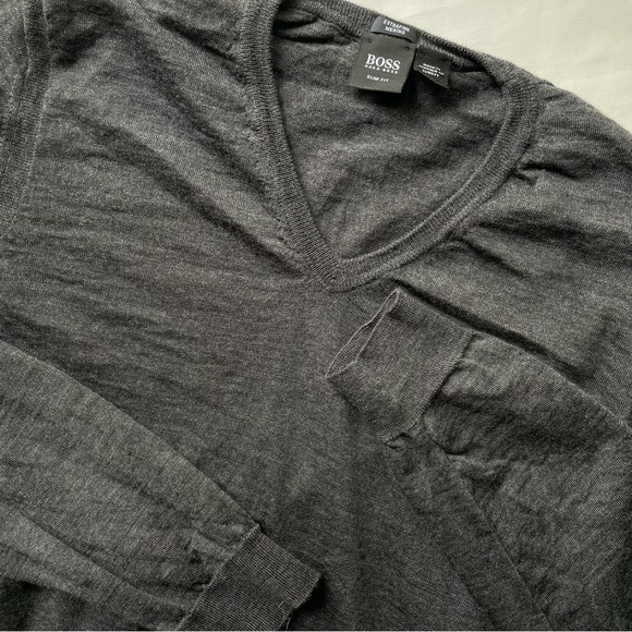 Boss Hugo Boss Slim Fit Fine Marino Wool V Neck Sweater Gray XL - Picture 1 of 9